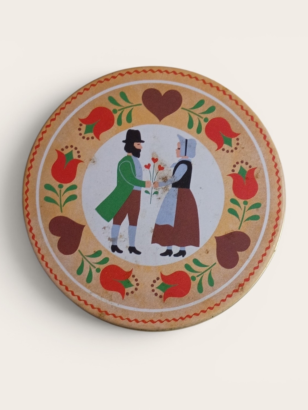 Vintage Folk Art Tin Coaster Set with Holder